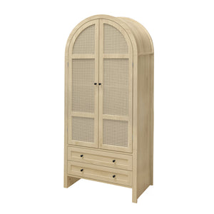 English Elm 70.28" Arched Kitchen Pantry Cabinet with Rattan Doors, 2 Drawers, Adjustable Shelves & Safety W688S00057