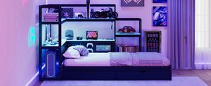 English Elm Twin Gaming Daybed with Led Strips Desk Pegboard Bookcase and Three Storage Drawers Black+Blue N820S00083C