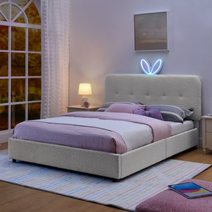 English Elm Queen Boucle Upholstered Kids Bed with Rabbit Ear Headboard Led Lighting Storage Drawers Beige W1413P384927