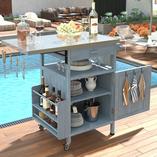 English Elm K&K 40.5" Outdoor Grill Cart with 201 Stainless Top, Solid Fir Storage, Drop Leaf & Lockable Wheels Blue+Grey N707P228272G