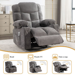 English Elm Oversized Swivel Recliner with Massage Heating Linen Upholstery and Usb Port Gray W1521P411670