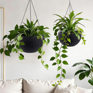 English Elm 13.4 Inch Rattan Texture Self Watering Hanging Planter with Reservoir for Balcony Black W3213P383075