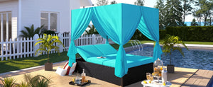 English Elm U_style Outdoor Double Daybed Resort Canopy Lounge with Steel Frame and Adjustable Backrests Blue WY000476AAC