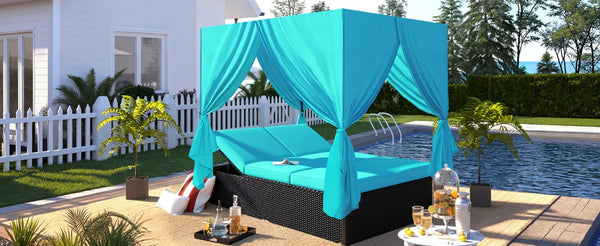 English Elm U_style Outdoor Double Daybed Resort Canopy Lounge with Steel Frame and Adjustable Backrests Blue WY000476AAC