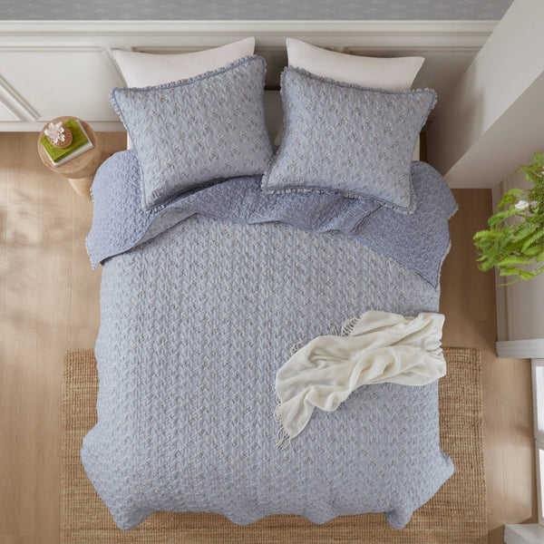 English Elm 3-piece King Quilt Set Ruffle Trim Vermicelli Stitching Soft Polyester Bohemian Bedding Blue B035P408233