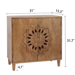 English Elm Rustic Hand-Carved 2-Door Wooden Cabinet with Floral Motif, Boho Farmhouse Sideboard for Entryway W2729P239174