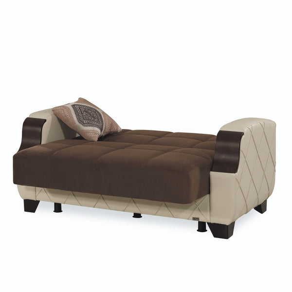 English Elm PrimeNest Mobilon Upholstered Convertible Loveseat with Storage and Click-Click Sleeper, Compact Comfort Cream+Brown B030P281804