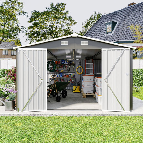 English Elm Campcraft Galvanized Steel Outdoor Storage Shed with Lockable Doors and Four Air Vents Dark Gray W1598S00022