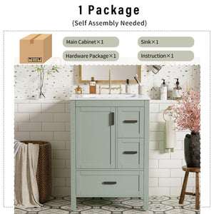 English Elm Modern 24 Inch Bathroom Vanity Solid Wood Cabinet with Ceramic Sink and Soft Close Storage Green N729P292859F