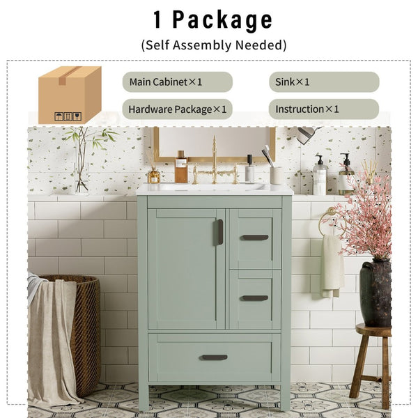 English Elm Modern 24 Inch Bathroom Vanity Solid Wood Cabinet with Ceramic Sink and Soft Close Storage Green N729P292859F