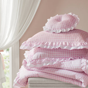 English Elm 4-piece Gingham Ruffle Comforter Set Romantic Cottage Bedroom Brushed Polyester Fill Pink B035P463188