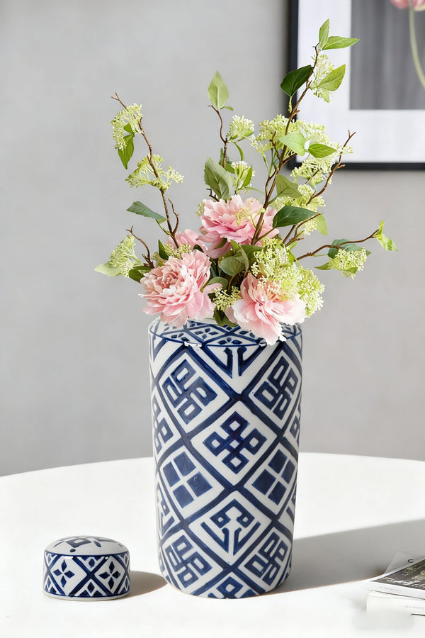 English Elm D6.3x13.8" Valora Blue and White Cylinder Jar — Glossy Geometric Tabletop Vase with Rounded Lid, Chic Decor W2078P390501