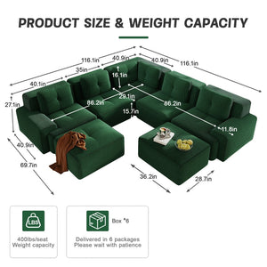 English Elm Modular Corduroy Sectional Sofa V Shaped 5 Seat Living Room Couch with Ottoman Green W714S01583