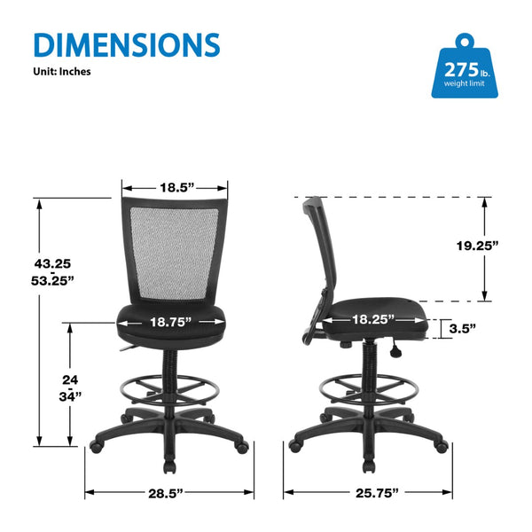 OSP Home Furnishings Soft Frame Drafting Chair with Mesh Back Padded Seat and Adjustable Foot Ring for Studios 69340-30