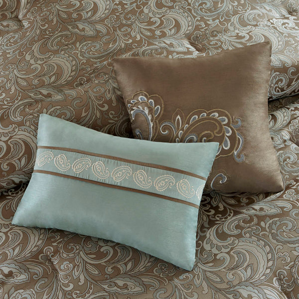 JLA Home Madison Park Essentials - 24 Paisley Jacquard Room in a Bag – 24-Piece Blue Taupe Bedding Set with Curtains, Hypoallergenic Comfort MPE10-224