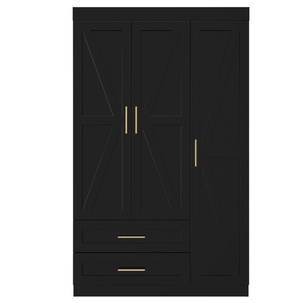 English Elm Shaker Three Door Wardrobe Armoire with Hanging Rod and Shelves for Bedroom Black T3210S00006