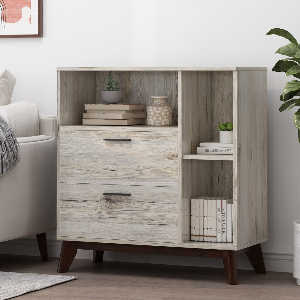 English Elm Christopher Knight Home® - CABINET mid-century modern faux wood storage console with splayed legs, drawers & cubby shelves Oak 67351.00SONOAK