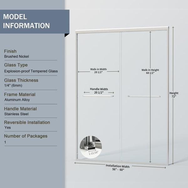 English Elm 56" Frameless Sliding Shower Door Tempered Glass Soft Close Matte Hardware Alcove Fit Brushed Nickel W1920P385322