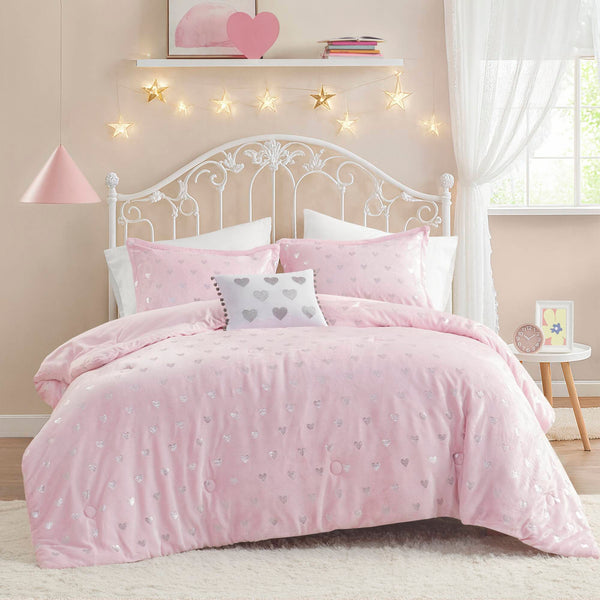 JLA Home Mi Zone - Metallic Rosalie Plush Comforter Set with Shimmer Heart Print, OEKO-TEX Certified Cozy Luxury Pink/Silver MZ10-0572