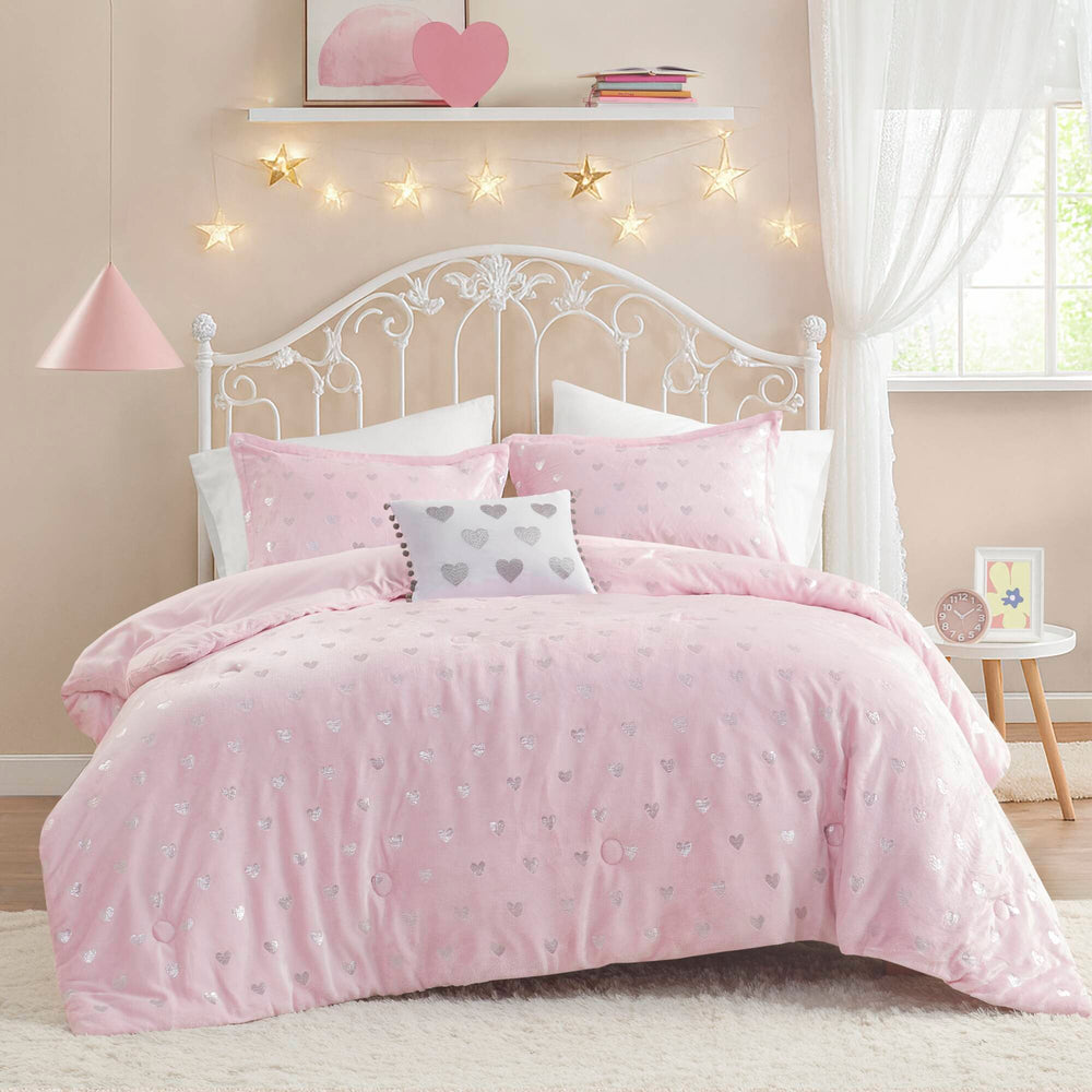 JLA Home Mi Zone - Metallic Rosalie Plush Comforter Set with Shimmer Heart Print, OEKO-TEX Certified Cozy Luxe Pink/Silver MZ10-0571