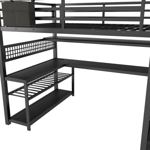 English Elm Full Size Steel Loft Bed with Staircase Storage Wardrobe Desk and Led Lighting Black W2593S00079