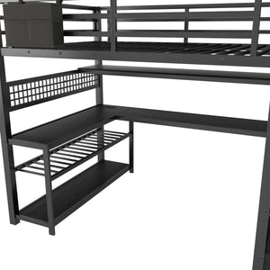 English Elm Full Size Steel Loft Bed with Staircase Storage Wardrobe Desk and Led Lighting Black W2593S00060