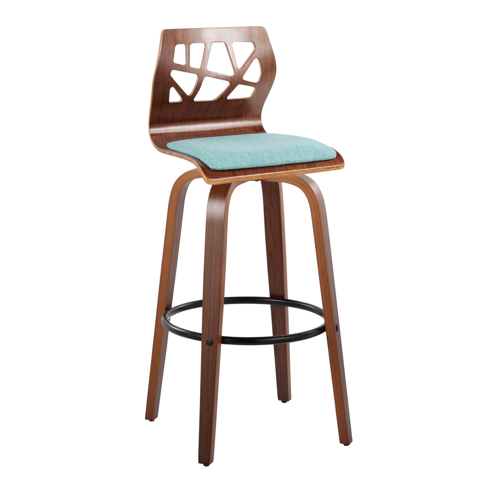 English Elm Folia Mid-Century 30" Barstool Set of 2 — Walnut Curved Frame, Teal Upholstery, 360° Swivel Comfort B202S00568