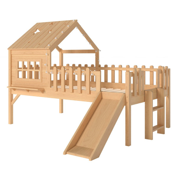 English Elm Twin Playhouse Loft Bed Solid Pine Frame with Slide Led Lights and Star Roof Natural W5316S00002