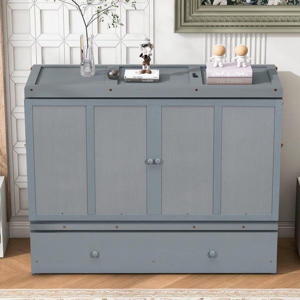 English Elm Queen Murphy Wall Bed with Pull Out Drawer and Built in Usb Charging Cabinet Gray N708P205905E