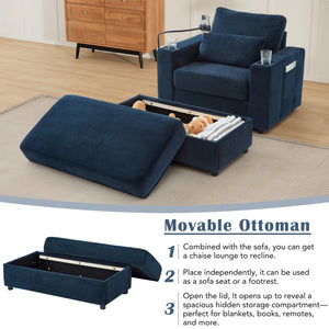 English Elm Modern Multifunctional Armchair with Chaise Lounge, Hidden Ottoman Storage, USB Ports & Cup Holders Blue N719P292700C