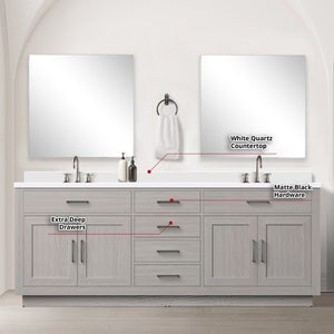 English Elm White Oak Double Bath Vanity Set With White Quartz Top, Mirrors & Chrome Faucets - Ready To Install! B2731S01818-GIGA