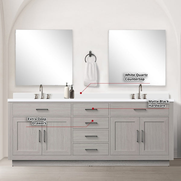 English Elm White Oak Double Bath Vanity Set With White Quartz Top, Mirrors & Chrome Faucets - Ready To Install! B2731S01818-GIGA