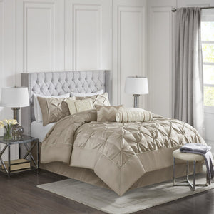 English Elm 7-piece Queen Tufted Pleated Comforter Set with Shams Bed Skirt Decorative Pillows Taupe B035P463172