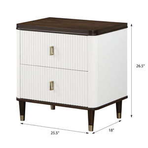 English Elm White White and Brown 2-Drawer Nightstand with USB Port, Beveled Mirror, Metal-Capped Legs, Spacious Storage B062P209003