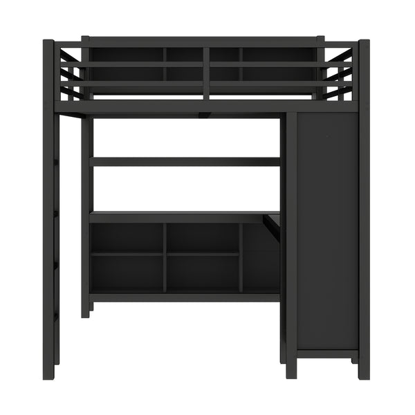 English Elm Metal Loft Bed With Wardrobe, L-Shaped Desk & Storage Cubes - Stylish Space-Saving Queen Solution W1580S00109