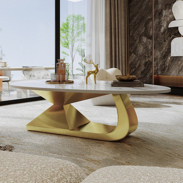 English Elm Modern Sintered Stone Tabletop Coffee Table with Stainless Steel Base – Scratch, Heat & Stain Resistant Centerpiece Gold+White W3136S00006
