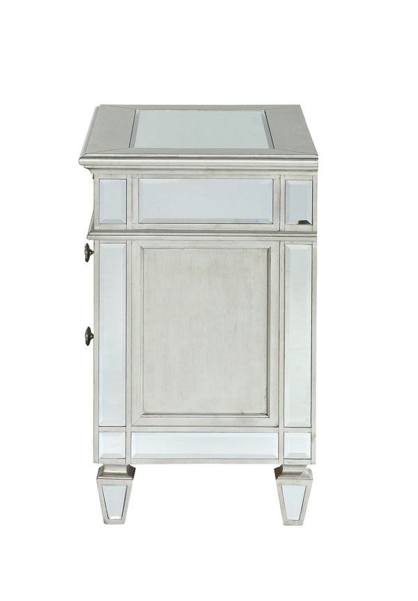 English Elm Varian Mirrored Nightstand Silver with Sunburst Trim, Crystal Knobs, Felt Lined Drawer, Mirrored Legs B2726P261261