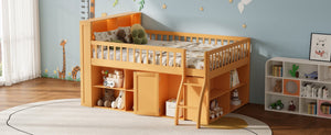 English Elm Full Size Kids Loft Bed with Led Headboard Open Shelving and Natural Wood Frame Natural N7090005024N