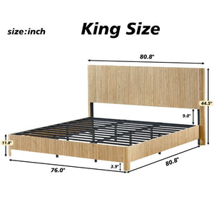 English Elm Queen Bed Frame with Led Lighting Curved Groove Panels and Floating Base Modern Bedroom W1820S00067