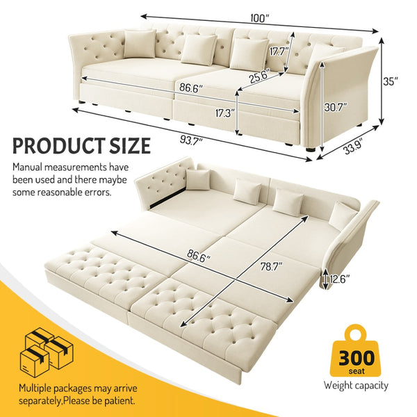 English Elm 100" Oversized Velvet Sleeper Sofa with Floral Tufted Cushions for Living Room Beige+White W1885S00301