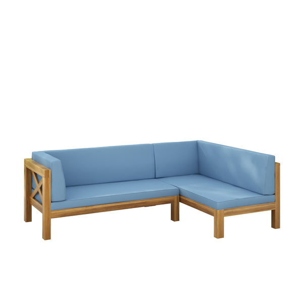 English Elm Christopher Knight Home® - Brava Coastal-Inspired Left Corner Bench Set Of 2, Solid Acacia Wood With Water-Resistant Cushions 57967.00BLU2
