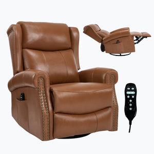 English Elm Heat Massage Swivel Rocker Recliner in Genuine Leather for Living Room Comfort W3224S00015