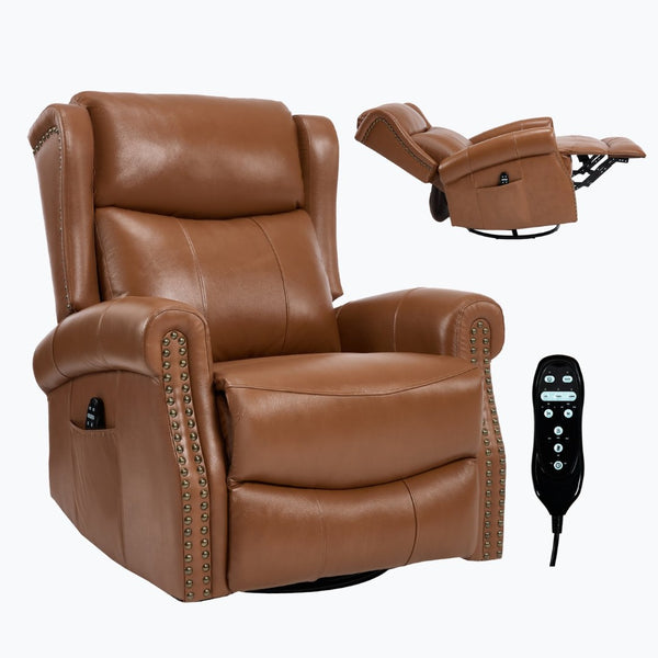 English Elm Heat Massage Swivel Rocker Recliner in Genuine Leather for Living Room Comfort W3224S00015