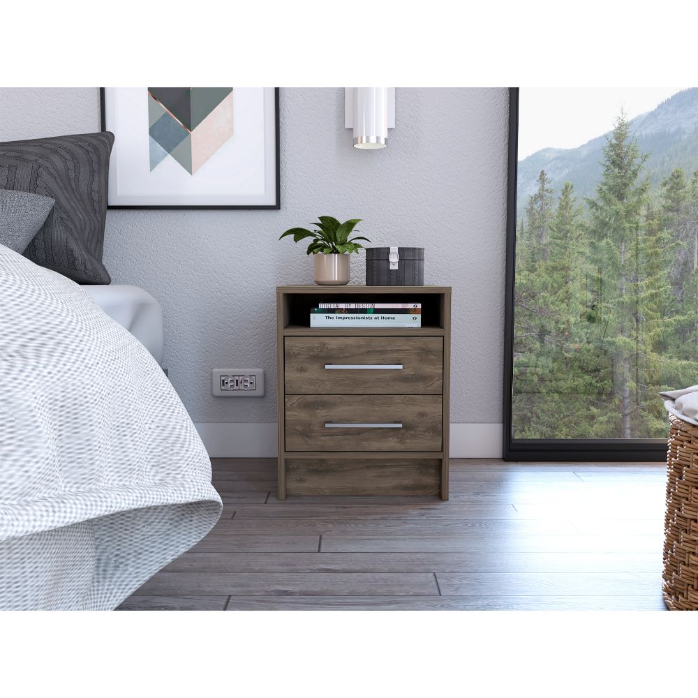 English Elm Philadelphia Nightstand with Two Drawers and Concealed Shelf, White & Light Oak Accent, Sleek Storage Design Brown 23 L x 23 W x 7 H B128P148957