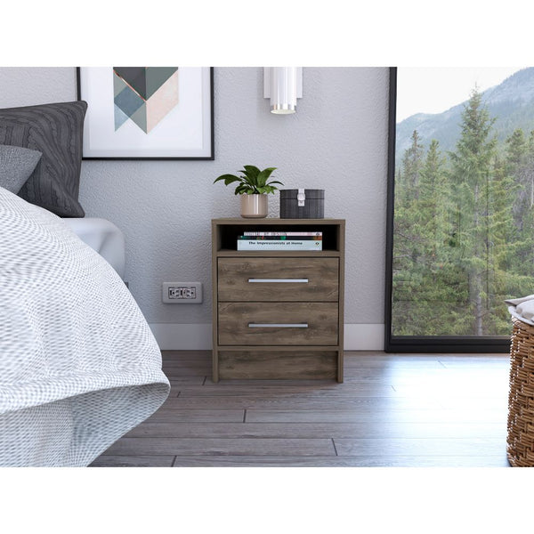 English Elm Philadelphia Nightstand with Two Drawers and Concealed Shelf, White & Light Oak Accent, Sleek Storage Design Brown 23 L x 23 W x 7 H B128P148957