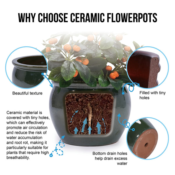 English Elm 3 Pieces Ceramic Flowerpot Set - Elegant Antique Blue-Green Planters For Home, Garden & Patio Decor W3273P321543