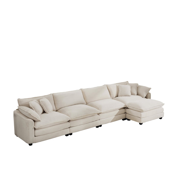 English Elm Sectional Corduroy 3-Seat Modular Sofa with Ottoman — Deep-Seat Memory Foam, Removable Arms, Beige W714S00777