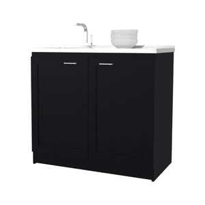 English Elm Fm Furniture Haivana Matte Black Utility Sink Cabinet with Double Doors and Storage Shelf B128S00053