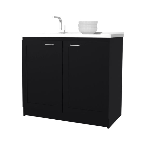 English Elm Fm Furniture Haivana Matte Black Utility Sink Cabinet with Double Doors and Storage Shelf B128S00053