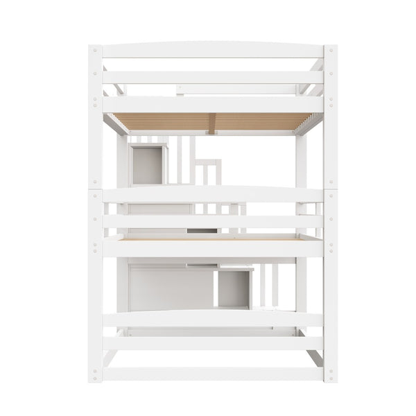 English Elm Full Size Triple Bunk Bed Solid Pine Frame with Storage Staircase Separate Convertible Design White N7090000477K